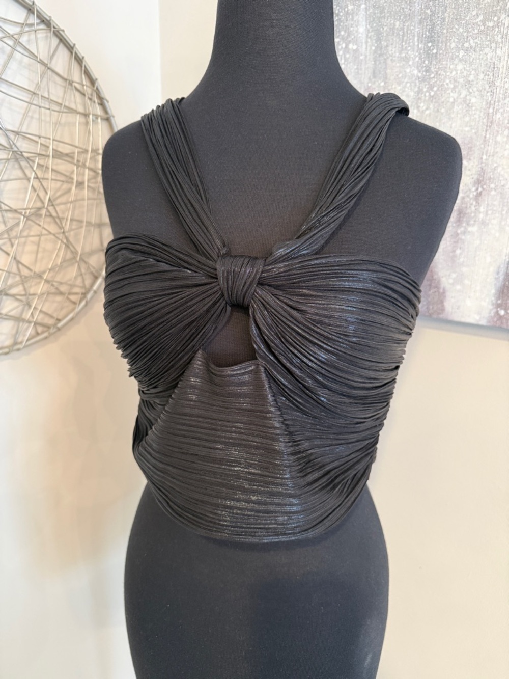 Metallic Black Twist Front Crop Top - Size Large
